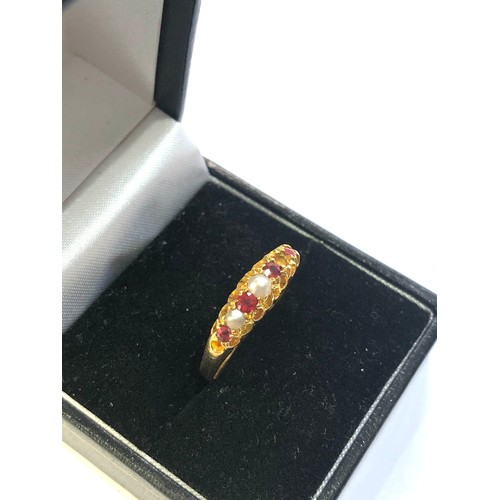 104 - 18ct gold ruby and seed-pearl gypsy ring i pearl missing weight 3g xrt tested as 18ct gold