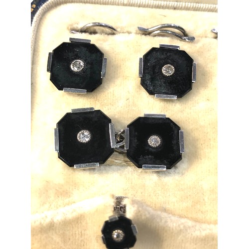 129 - 18ct white gold art deco diamond and onyx gents cufflinks boxed