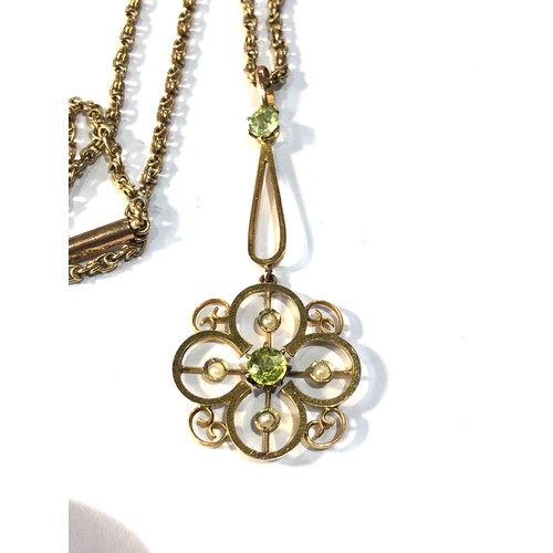 195 - Antique 9ct gold peridot and seed-pearl necklace and chain weight 7g pendant measures approx 4.5cm d... 