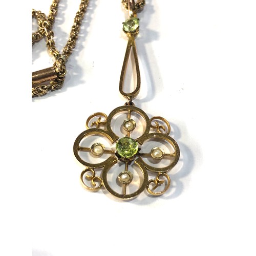 195 - Antique 9ct gold peridot and seed-pearl necklace and chain weight 7g pendant measures approx 4.5cm d... 