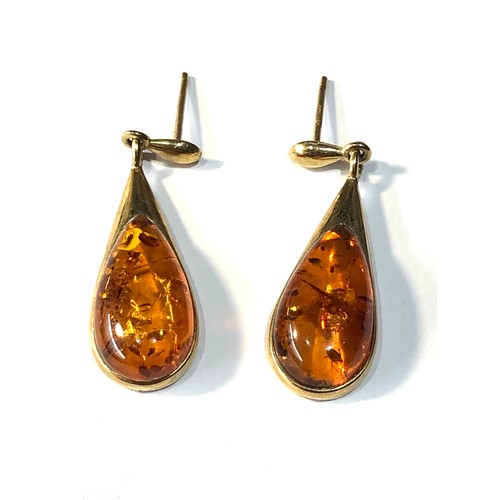 287 - 9ct gold amber drop earrings measure 3.6cm drop weight 4g