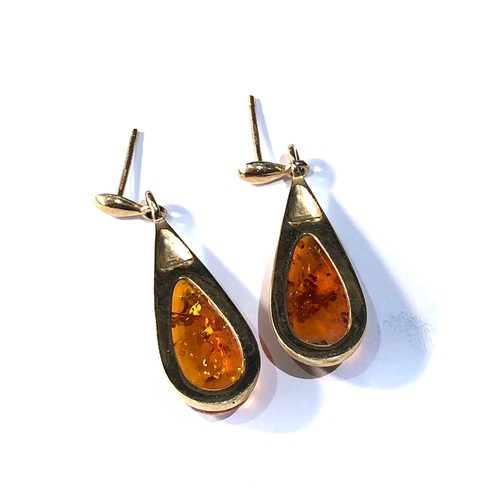 287 - 9ct gold amber drop earrings measure 3.6cm drop weight 4g