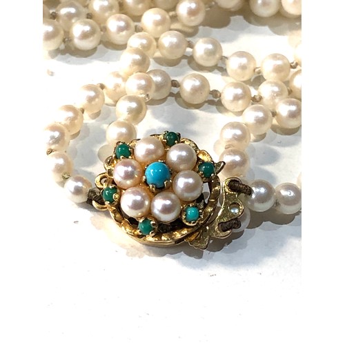 238 - 9ct gold turquoise clasp double row pearl necklace