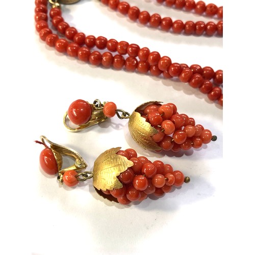 158 - Silver gilt mounted coral grape bracelet and earrings, weight of bracelet is 11.3g, weight of earrin... 