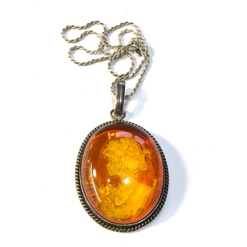 114 - Large Vintage silver carved baltic amber pendant necklace