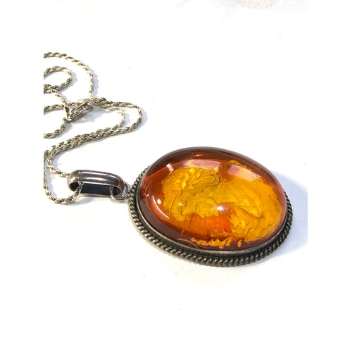 114 - Large Vintage silver carved baltic amber pendant necklace