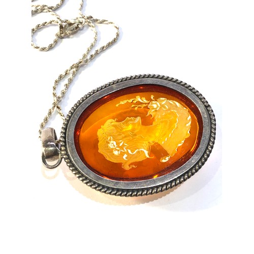 114 - Large Vintage silver carved baltic amber pendant necklace