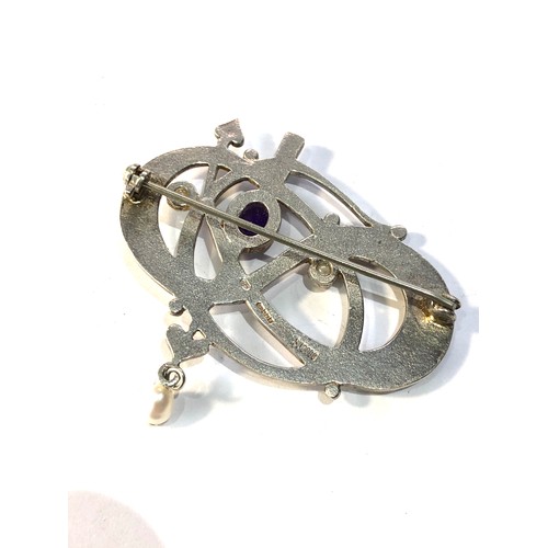 400 - Sterling silver shetland silver and amethyst pearl brooch