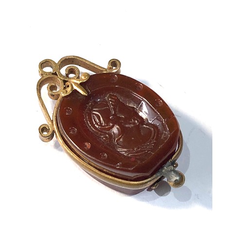 414 - Carved carnelian fob / pendant gold plated solder marks