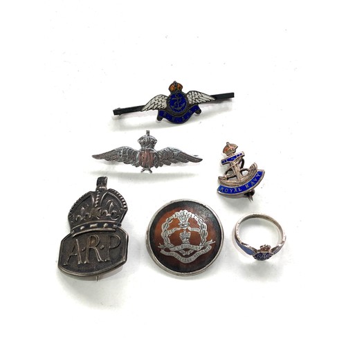 458 - 6 silver military sweetheart badges inc raf ring etc