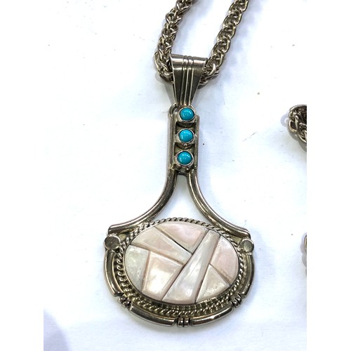 382 - Vintage silver turquoise and stone set pendant and chain weight 42g