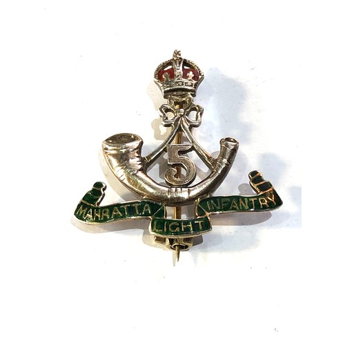 90 - Military 9ct gold and enamel sweetheart brooch Mahratta light infantry  measures approx 3cm by 2.9cm... 