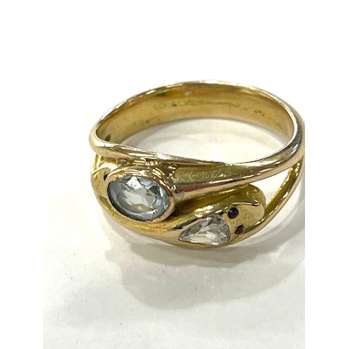 90A - 14ct gold diamond & gemstone double snake head ring weight 6.2g