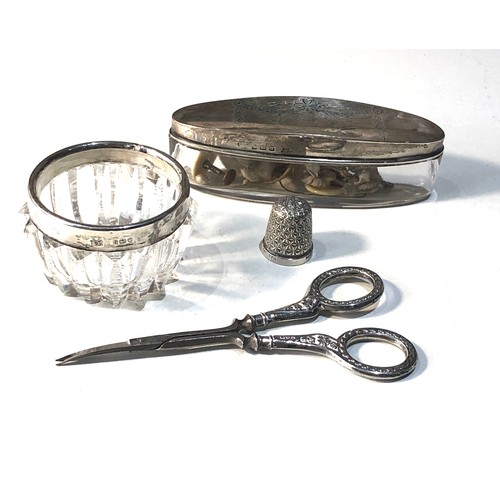 11 - Selection of antique silver items includes trinket dish silver handle scissors silver thimble etc