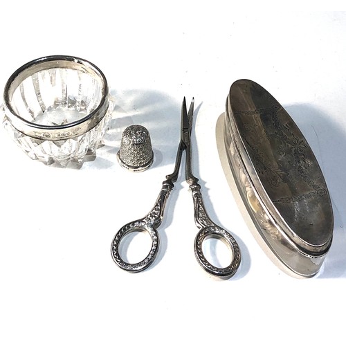 11 - Selection of antique silver items includes trinket dish silver handle scissors silver thimble etc