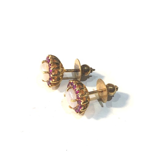 80 - Fine 18ct gold ruby halo and moonstone earrings each measures approx 1.1cm by 1cm weight 2.8g