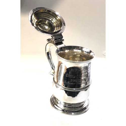 1 - Fine Antique Georgian silver lidded tankard later presentation Enraved measures approx 20cm tall wei... 