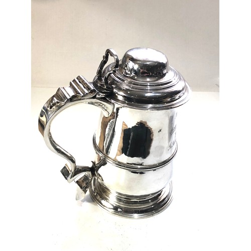 1 - Fine Antique Georgian silver lidded tankard later presentation Enraved measures approx 20cm tall wei... 