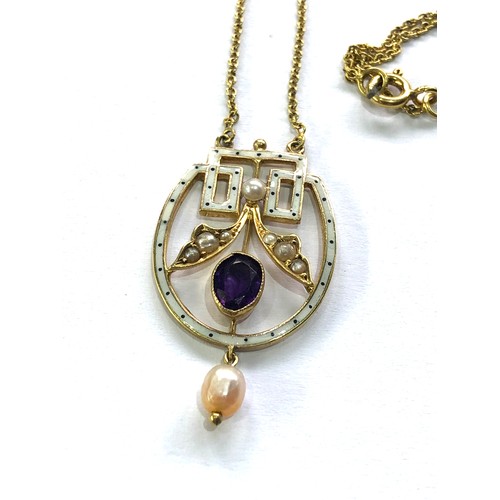 89 - Fine antique liberty & Co gold & enamel amethyst and seed-pearl pendant necklace pendant measures ap... 