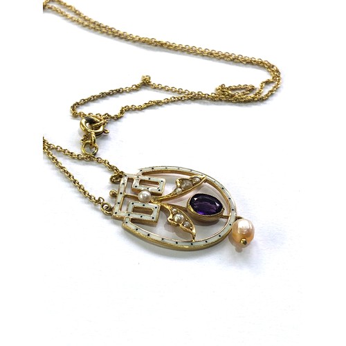 89 - Fine antique liberty & Co gold & enamel amethyst and seed-pearl pendant necklace pendant measures ap... 