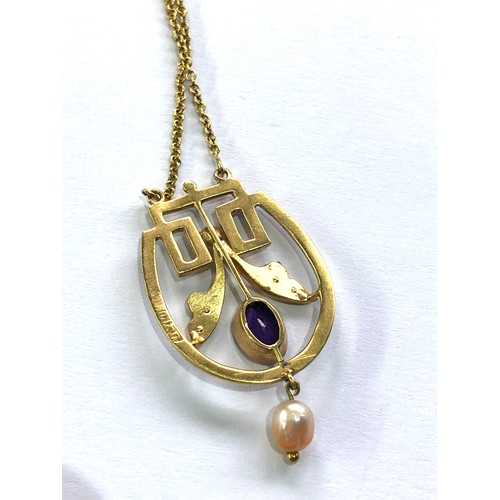 89 - Fine antique liberty & Co gold & enamel amethyst and seed-pearl pendant necklace pendant measures ap... 