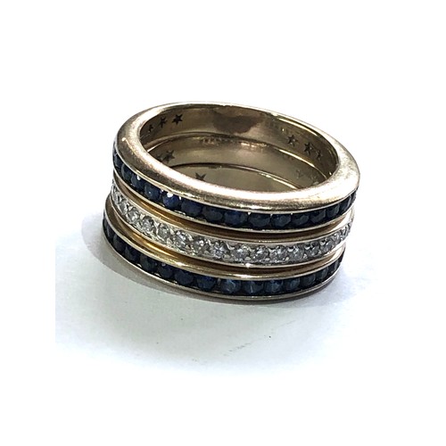 93 - Fine 18ct 3 section gold diamond and sapphire ring made up of 3 seperate rings 2 outer have a band o... 