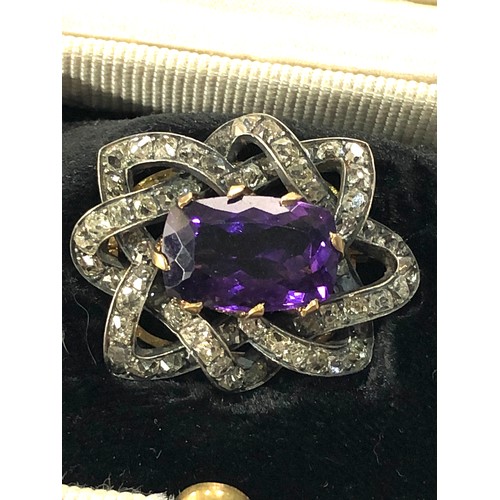 99 - fine antique diamond and amethyst brooch central amethyst 8.7ct with old cut diamonds around brooch ... 