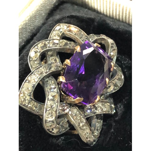 99 - fine antique diamond and amethyst brooch central amethyst 8.7ct with old cut diamonds around brooch ... 