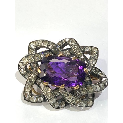 99 - fine antique diamond and amethyst brooch central amethyst 8.7ct with old cut diamonds around brooch ... 