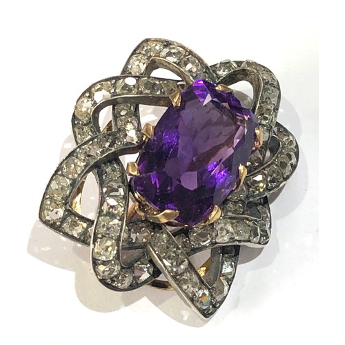 99 - fine antique diamond and amethyst brooch central amethyst 8.7ct with old cut diamonds around brooch ... 