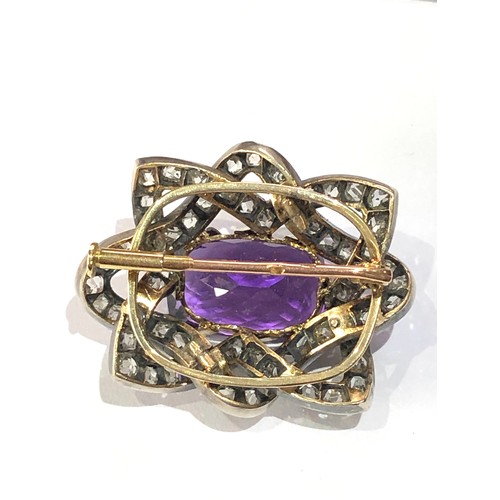 99 - fine antique diamond and amethyst brooch central amethyst 8.7ct with old cut diamonds around brooch ... 