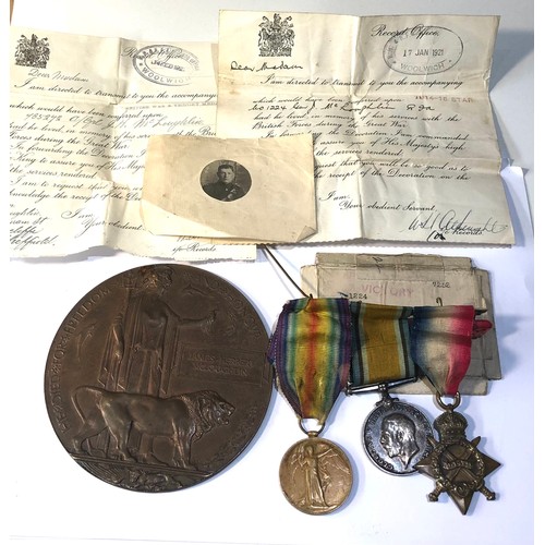 546 - ww1 trio of medals and death plaque named to james Herbert Mcloughlin  medals named 1224 gnr j.h. mc... 