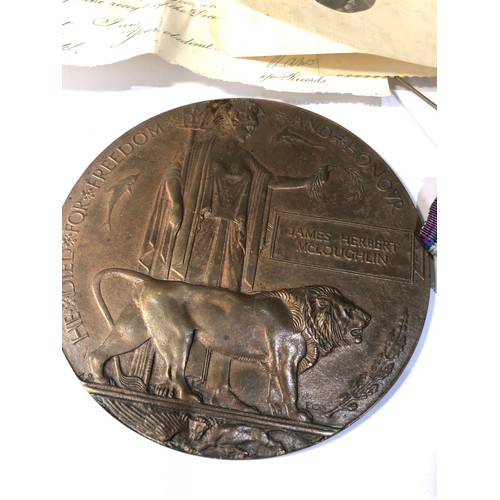 546 - ww1 trio of medals and death plaque named to james Herbert Mcloughlin  medals named 1224 gnr j.h. mc... 