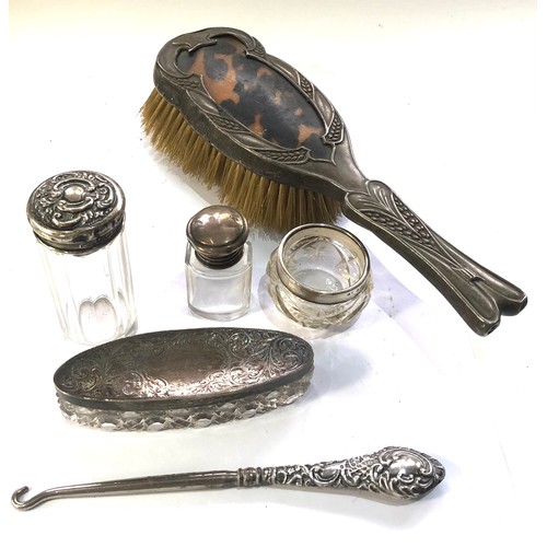 55 - Selection of antique silver top jars etc including tortoiseshell & silver brush