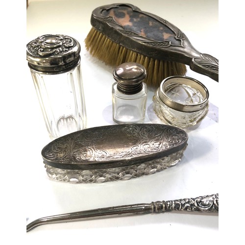 55 - Selection of antique silver top jars etc including tortoiseshell & silver brush