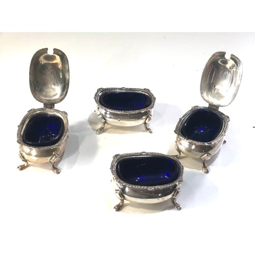 39 - 2 pairs of walker and hall silver mustard and salts blue glass liners  weight 260g