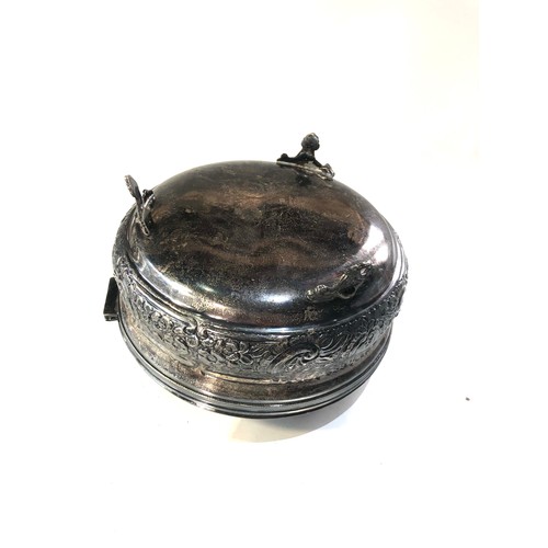 35 - Large Egypt silver lidded pot  floral embossed design measures height approx 11cm  dia approx 17cm w... 