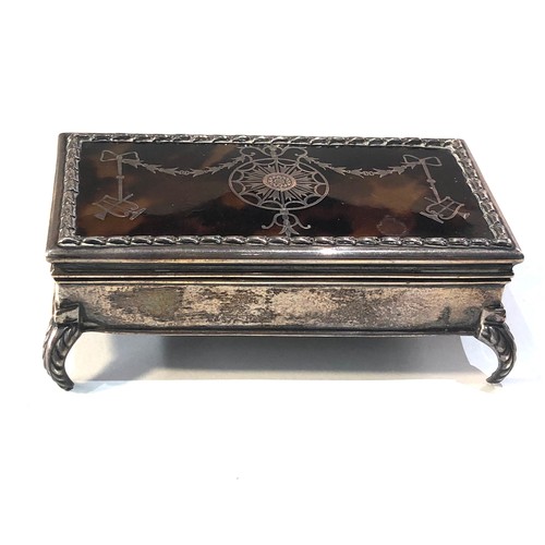 56 - Antique silver and tortoiseshell jewellery box measures approx 10.5cm by 6cm height 4cm fitted nteri... 