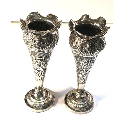 66 - Pair of oriental silver flower vases each measures approx 18cm tall weight 200g not filled bases xrt... 