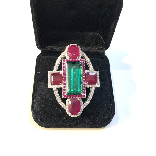 114 - Very large 18ct white gold diamond ruby and tourmaline ring  set with central tourmaline measures ap... 