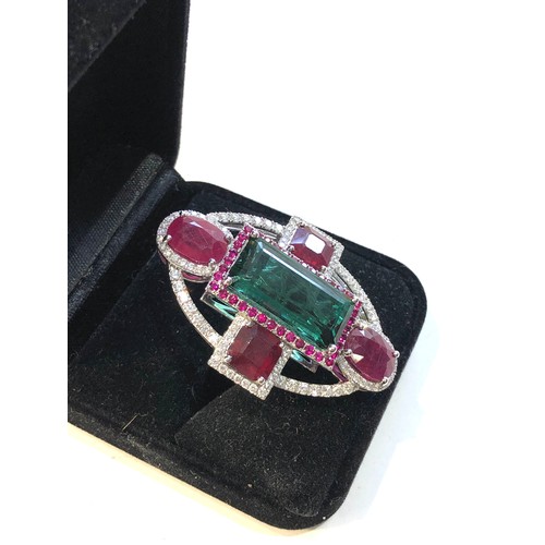 114 - Very large 18ct white gold diamond ruby and tourmaline ring  set with central tourmaline measures ap... 