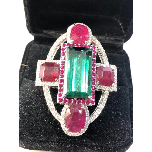 114 - Very large 18ct white gold diamond ruby and tourmaline ring  set with central tourmaline measures ap... 