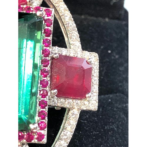 114 - Very large 18ct white gold diamond ruby and tourmaline ring  set with central tourmaline measures ap... 