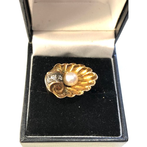 115 - Unusual Egyptian 18ct gold diamond and pearl oyster shell design ring  head measures approx 2.2cm by... 