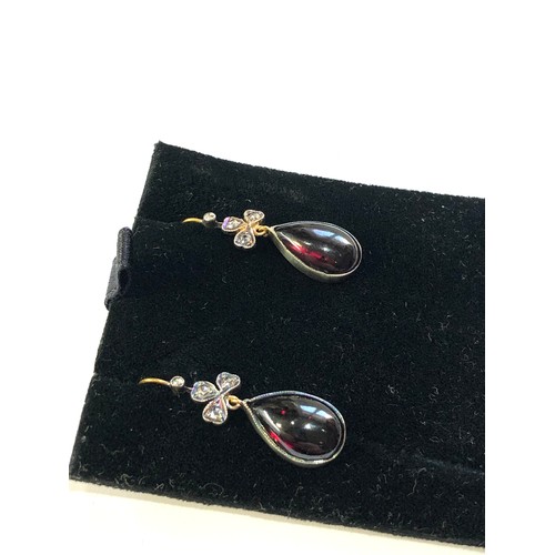 117 - Fine Rose diamond and garnet drop earrings each measure approx 2.8cm drop by 1.1cm wide gold back si... 