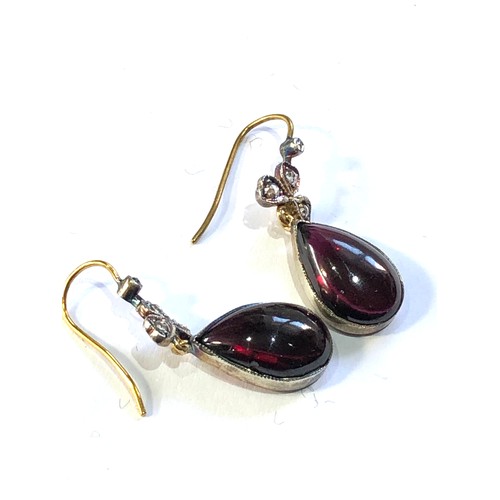 117 - Fine Rose diamond and garnet drop earrings each measure approx 2.8cm drop by 1.1cm wide gold back si... 