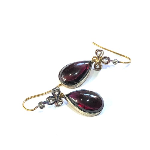 117 - Fine Rose diamond and garnet drop earrings each measure approx 2.8cm drop by 1.1cm wide gold back si... 