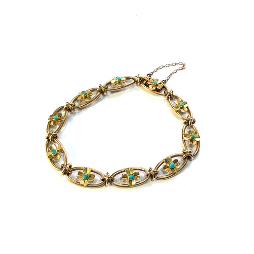 120 - Antique 15ct gold and turquoise bracelet measures approx 20cm long leaf design panels set with turqu... 