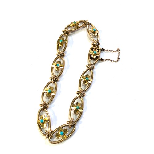 120 - Antique 15ct gold and turquoise bracelet measures approx 20cm long leaf design panels set with turqu... 