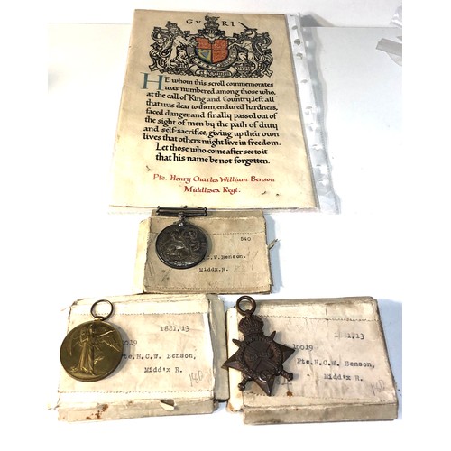 522 - ww1 casualty medal trio to pte h.c.w.benson middlesex reg plus scroll and boxes